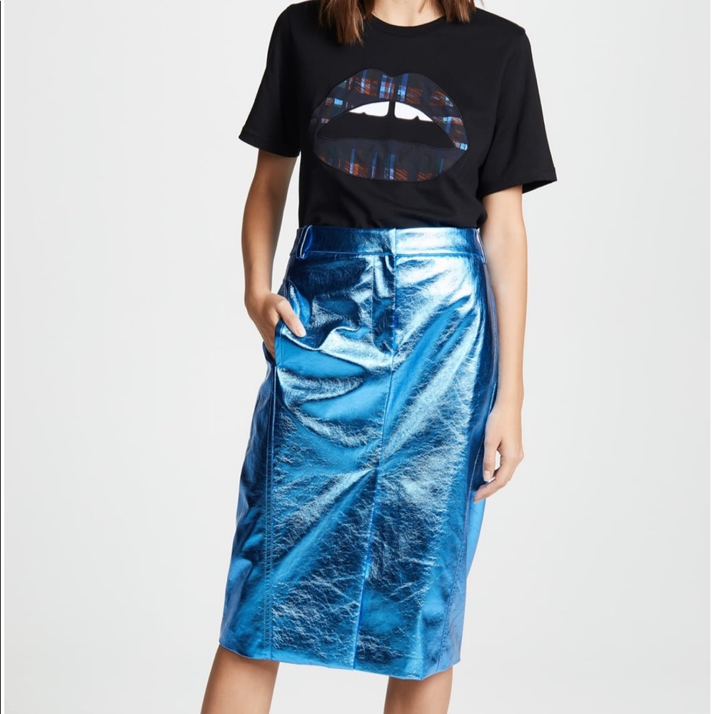 Tibi Metallic Blue Faux Leather Midi Skirt